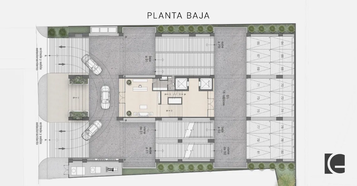 Vista de la planta baja del edificio de departamentos de lujo