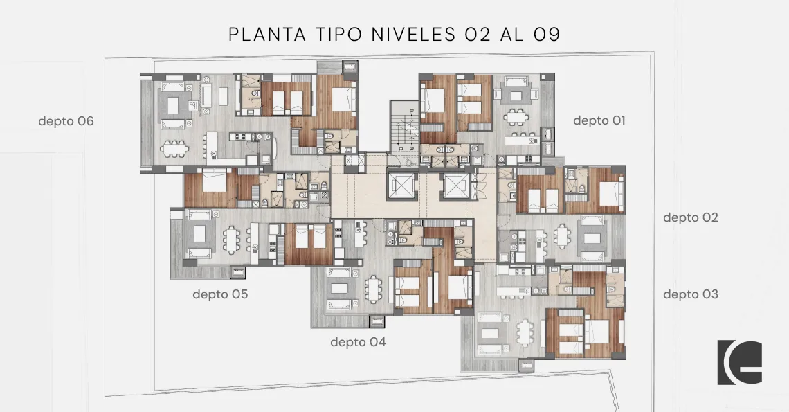 Distribución de los niveles 02 a 09 en el edificio ParkPremier